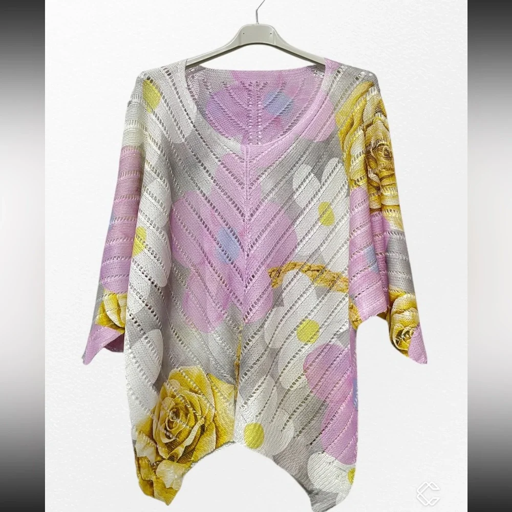 MADE IN ITALY Pink Gray Yellow Gold Floral Knit V Neck Cotton Crochet Top NWT